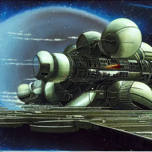 Prompt: abandoned space station, peter elson, tony roberts, jim burns, chris foss