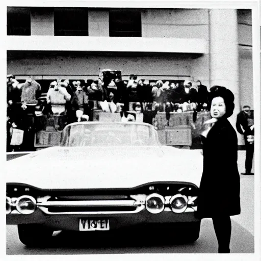 Image similar to 1960s press archive of the actress Kim Jong-il coming out of a car, faces obscured, Reuters, 35mm film, film grain, mysterious exterior, underexposed
