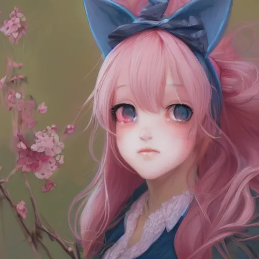 Prompt: very beautiful!!!!!! digital painting of a blushing pink-haired rabbit girl masterpiece!!!!!!, neko, maid, wlop, cinematic lighting, highly detailed, digital painting, artstation, concept art, smooth, sharp focus, illustration, art by Akihiko Yoshida, Greg Rutkowski and Alphonse Mucha 4k, 8k, ultra HD, render in octane