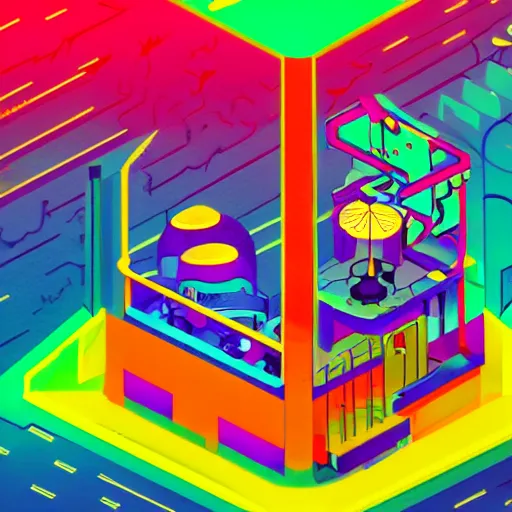 Prompt: Liminal space in outer space, Googie Kitsch aesthetic, colorful isometric, animusic complex machine, at night with neon lights, googie motifs, isometric perspective