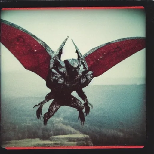 Prompt: Polaroid photo of Mothman flying, detailed, with red eyes, dark, brooding, scary