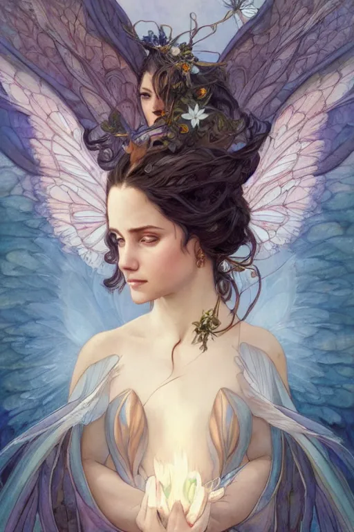 Image similar to portrait of a beautiful fairy with wings, headshot, symmetrical, elegant, regal, intricate, twilight background, highly detailed, digital painting, artstation, sharp focus, watercolor, muted color, complementary colors, art by artgerm, greg rutkowski and alphonse mucha