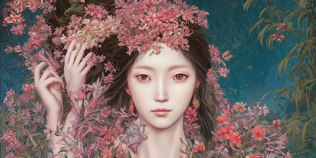 Image similar to breathtaking detailed concept art painting of the goddess of flamingo, orthodox saint, with anxious, piercing eyes, ornate background, amalgamation of leaves and flowers, by Hsiao-Ron Cheng and John James Audubon and Miho Hirano, extremely moody lighting, 8K