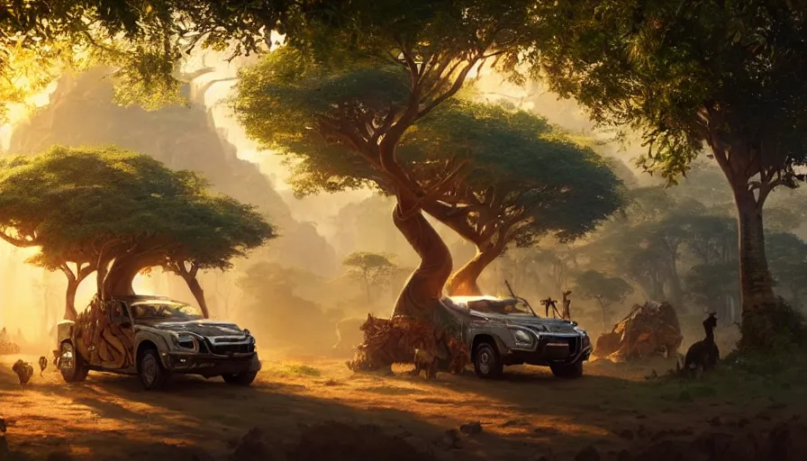 Prompt: mahindra that driving through madagascar road with baobabs trees, animals running along, artgerm and greg rutkowski and alphonse mucha, an epic fantasy, volumetric light, detailed, establishing shot, an epic fantasy, trending on art station, octane render, midsommar