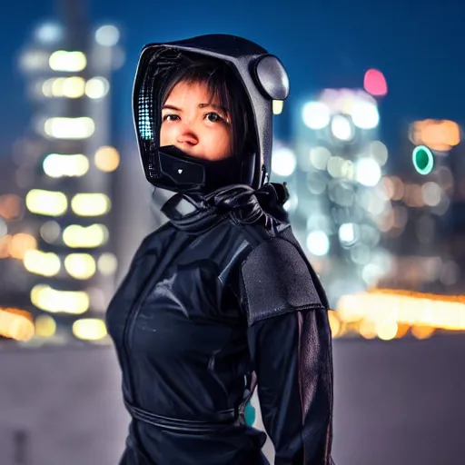 Image similar to photographic portrait of a techwear woman, closeup, on the rooftop of a futuristic city at night, sigma 85mm f/1.4, 4k, depth of field, high resolution, 4k, 8k, hd, full color