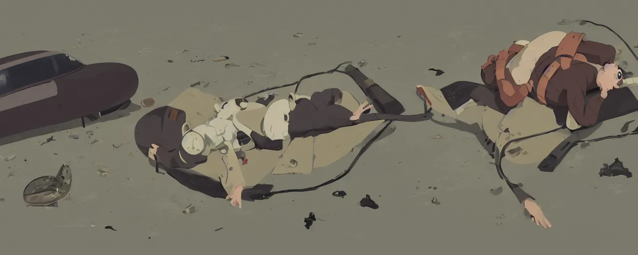 Image similar to dead baby seal dressed as a pilot from the 1 9 3 0 s, on the ground next to a crashed japanese zero plane, atey ghailan, goro fujita, studio ghibli, rim light, harsh bright lighting, clear focus, very coherent