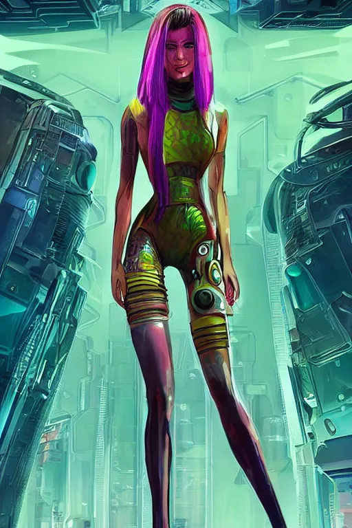 Image similar to attractive female android in feminine pose on a hyper-maximalist overdetailed retrofuturist scifi bookcover illustration from '70s. Inspired by shadowrun darkscifi utopia.. Biopunk, solarpunk style. Daytime. Made by echo chernik. Artstation.