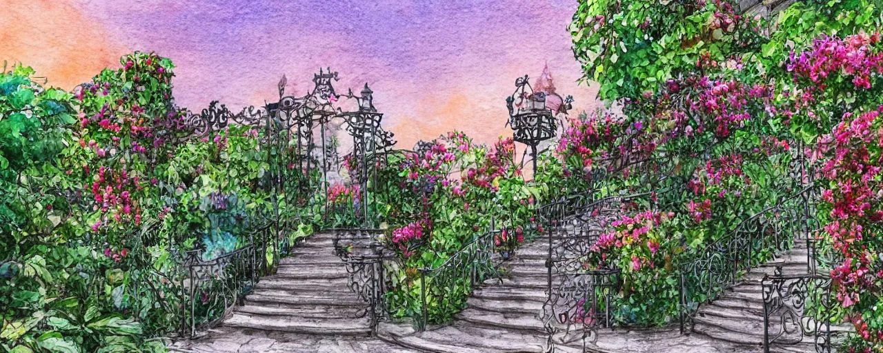 Image similar to huge flower, courtyard walkway, sunset, castle, stairway, chairs, wrought iron, gate, tree, delicate, botanic garden, road, botanical herbarium paper, watercolor colored painting, iridescent colors, 8 k, realistic shaded, fine details, artstation, italian style, colonnade