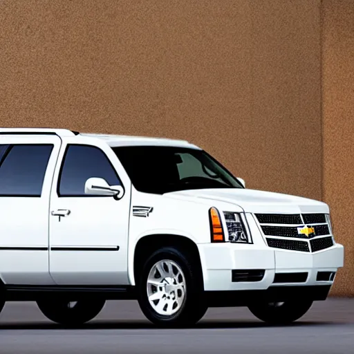 Prompt: A white SUV based on a Cadillac Escalade and Chevrolet Tahoe, overhead angle