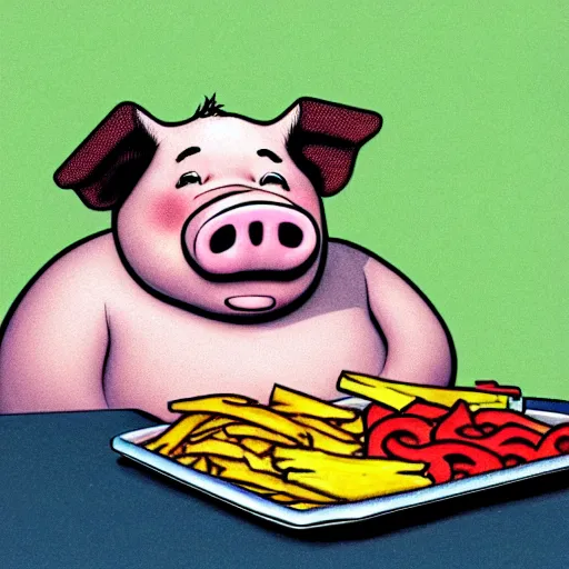 Image similar to comic art of a obese pig sitting on snacks, drawn by Bruce MacKinnon, vivid color, cgsociety 4K