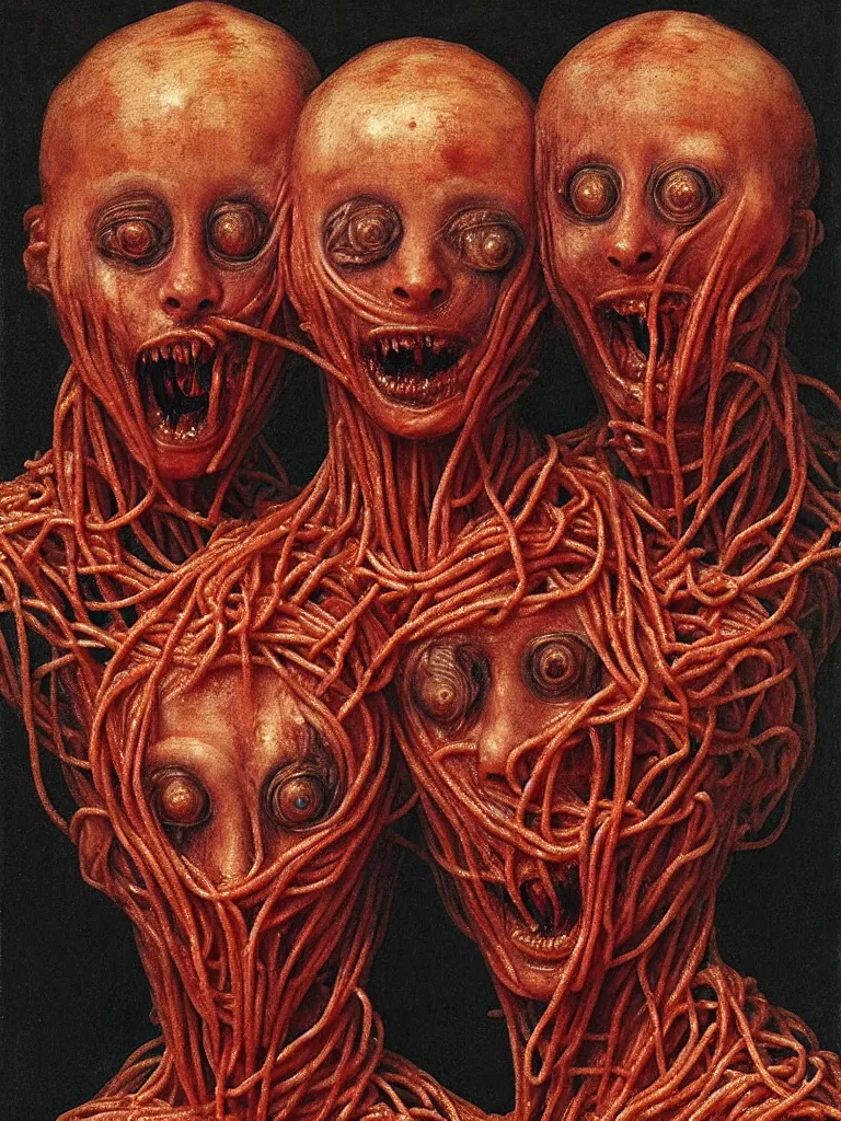 Image similar to siamese twins made of spaghetti and tomato sauce, looking straight into camera, screaming in agony, by giuseppe arcimboldo and ambrosius benson and beksinski, renaissance, intricate and intense oil paint, a touch of hr giger and edward munch, realistic