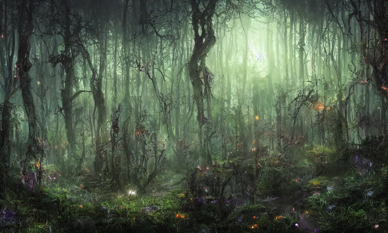 Prompt: stunning neo-gothic fantasy woodland, cyberpunk color scheme, hyperdetailed twigs and plants, moonlit nightscape, bioluminiscent fireflies, layered fog, moody lighting, photorealistic digital arts, artstation HD, 8K