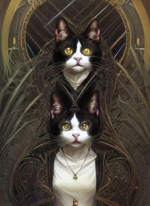 Image similar to tuxedo cat taking shelter from the rain, fantasy, intricate, elegant, hyper detailed, ultra definition, photoreal, artstation, unreal engine rendered, concept art, smooth, sharp focus, illustration, art by artgerm and greg rutkowski and alphonse mucha and garis edelweiss