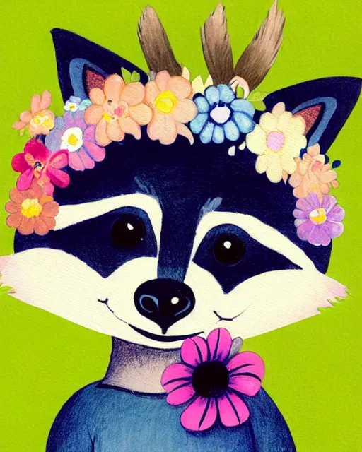 Image similar to a watecolor painting of a smiling happy cute raccoon wearing a flower crown, by antoine de saint - exupery and annabel kidston and naomi okubo and jean - baptiste monge. a child storybook illustration, muted colors, soft colors, low saturation, fine lines, white paper