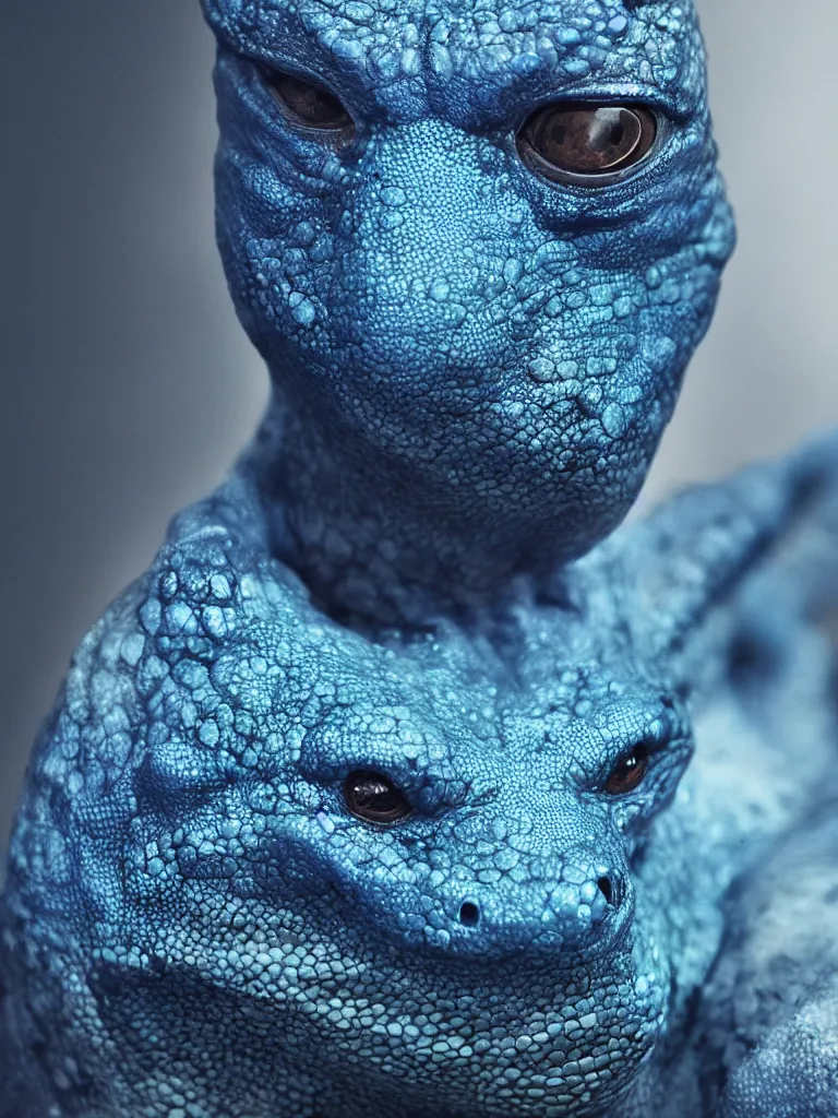 Image similar to man with blue lezard skin, photography portrait, cinematic, high quality, cgsociety, artgerm, 4 k, uhd, 5 0 mm, trending on artstation