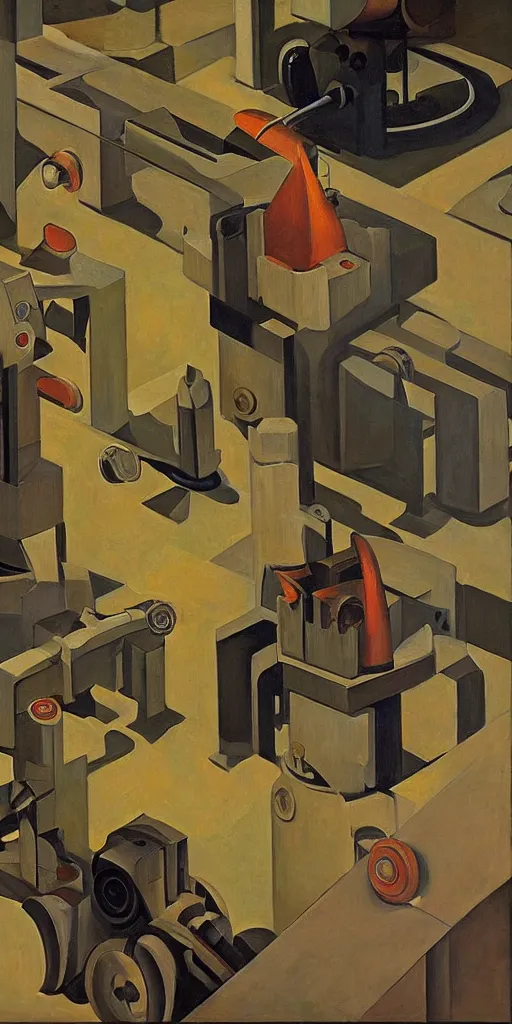 Prompt: robots falling down a deep shaft, grant wood, pj crook, edward hopper, oil on canvas