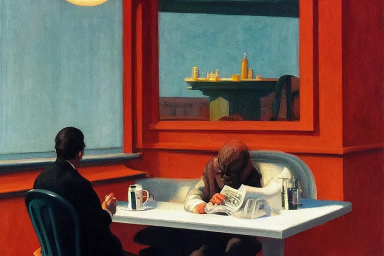 Image similar to the monster from the thing reading a newspaper at a cafe. a waiter is pouring coffee. painting by edward hopper, 3 d rendering by beeple, 8 k, comfy bennings - thing