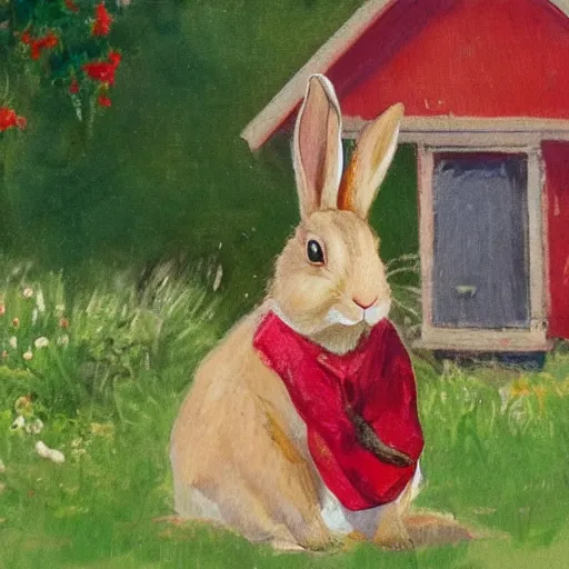 Image similar to a rabbit sitting in front of a swedish red cottage, in the style of anders zorn