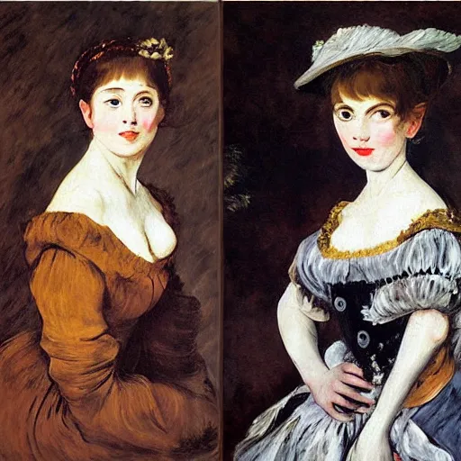 Prompt: oil painting with visible thick brushstrokes, tonal, renaissance, rococo, baroque, manga, creepy young ladies wearing manga dress in the style of manet