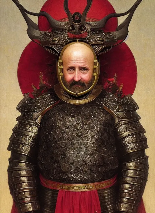 Image similar to portrait of hide the pain harold in a chinese dragon in armor and helmet, majestic, solemn, symmetrical, detailed intricate, hyper realistic, by bouguereau