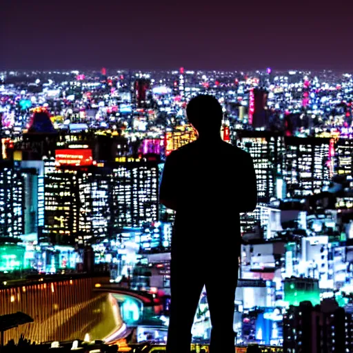 Image similar to silhouette of man in front of nighttime Tokyo city skyline, neon colors, beautiful photography, 8K
