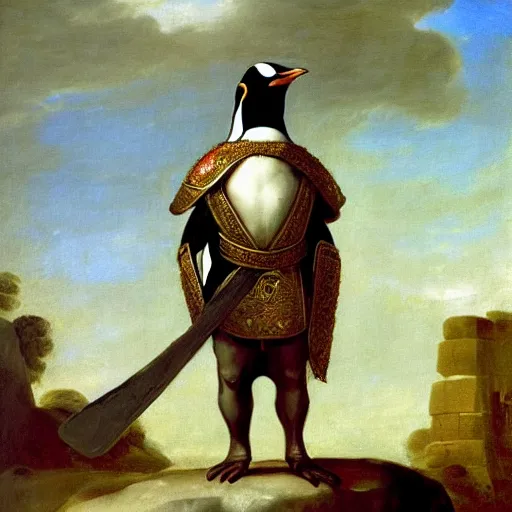 Image similar to penguins are dressed in conquistador armor and are standing in ancient rome, francisco goya, artstation, fine art