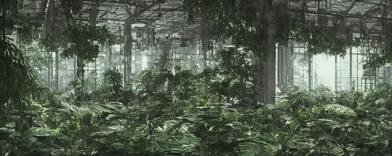 Image similar to An abandoned overgrow hazy laboratory with monstera plants, detailed, 4k, moody atmosphere,octane render, sharp focus,