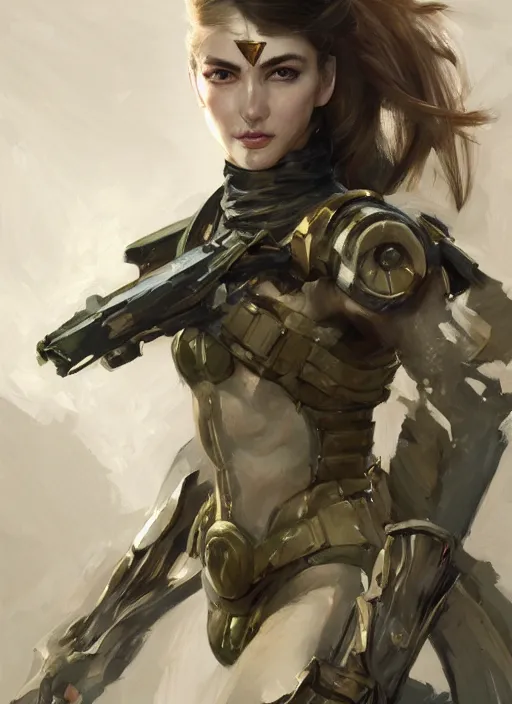 Image similar to a professional painting of a beautiful young female, clothed in military armor, olive skin, long dark hair, beautiful bone structure, symmetrical facial features, intricate, elegant, digital painting, concept art, smooth, sharp focus, illustration, from Metal Gear, by Ruan Jia and Mandy Jurgens and Artgerm and William-Adolphe Bouguerea