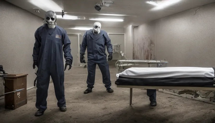 Image similar to Big budget horror movie about a mortuary, there are coffins, and cyborgs are cutting up human bodies