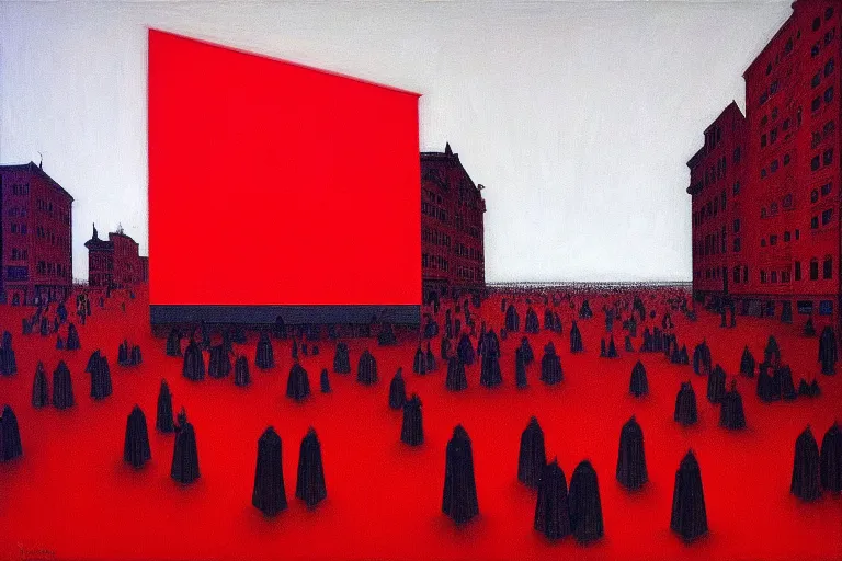 Image similar to only with red, a crowd with big smiles in the middle of a square, a paint in the middle, in the style of beksinski, parts by edward hopper, parts by rodcenko, parts by yue minjun, intricate and epic composition, red by caravaggio, insanely quality, highly detailed, masterpiece, red light, artstation, 4 k
