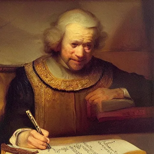 Prompt: Donald Trump writing the vulgate, painted by Rembrandt and Sargent