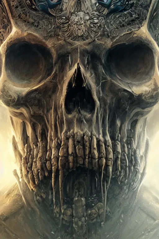 Image similar to skull god, close - up portrait, powerfull, intricate, elegant, volumetric lighting, scenery, digital painting, highly detailed, artstation, sharp focus, illustration, concept art, ruan jia, steve mccurry