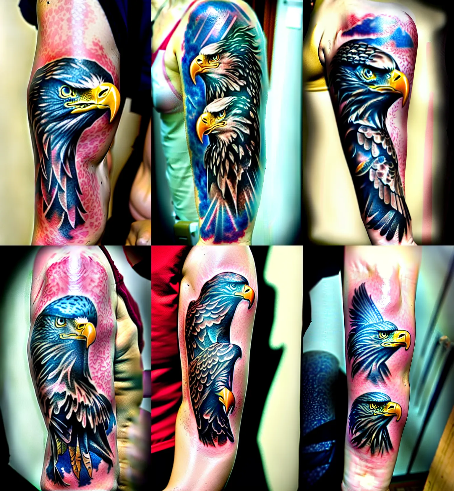 Prompt: far shot of arm with bald eagle tattoo, tattoo