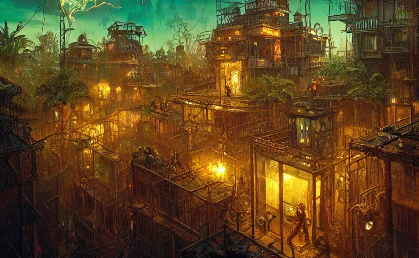 Prompt: an opulent lovecraftian favela environment, large crowd, glass panes, billboards, glowing lights, soft lighting, photorealism, unreal engine, art by michael whelan and chris moore and howard david johnson and tim white and dan giancola