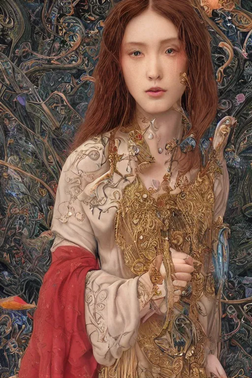 Image similar to An extremely beautiful pre-raphaelite ornate portrait of a very beautiful asian witch, surreal, ultradetailed, intricate, elegant, digital art painting, concept art, smooth, sharp focus, magazine art cover illustration, regal, award winning picture, extremely detailed masterpiece, sense of awe, featured on Artstation, Artgerm, winning award piece, ethereal bubbles, Aetherpunk, low-key neon lightning, stormy weather, Exquisite floral details, 8K detail post-processing, matte, oil painting