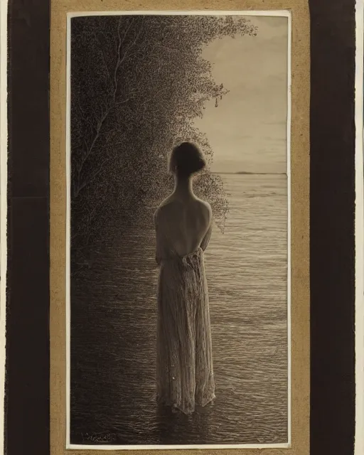 Image similar to a woman standing at the shore, made of intricate decorative lace leaf skeleton, in the style of the dutch masters and gregory crewdson, dark and moody