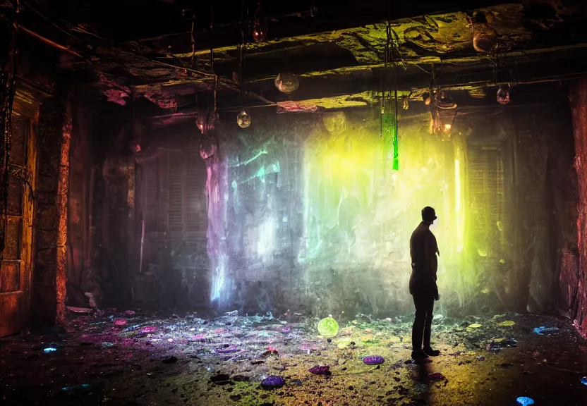 Image similar to a sad man in the center of the room looks out the magic window behind which is the old ruined city, toxic colorful slime and debris pouring from the ceiling in a large gothic cracked steampunk room spilling over the transparent floor and splashing large glowing luminescent neon drops, field - blur, floodlight, argand lamp, 4 k