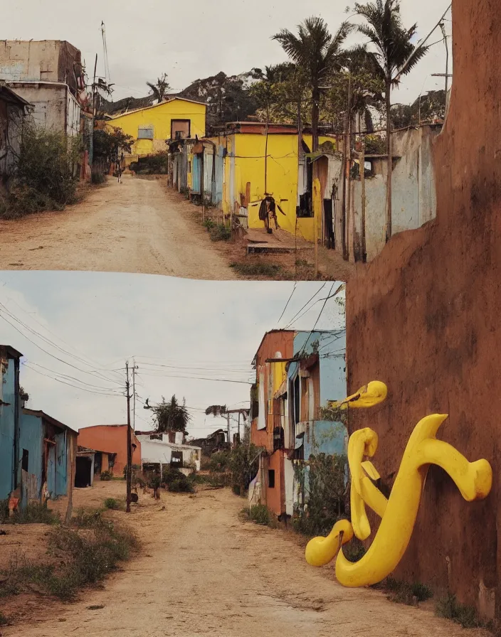 Prompt: vintage color photo of a massive liquid gold sculpture in a south american rural town alley with dirt roads and white walls, still of a werner herzog documentary