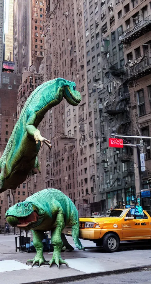 Prompt: a dinosaur lost in manhattan, drinking a coffee and talking on a cell phone