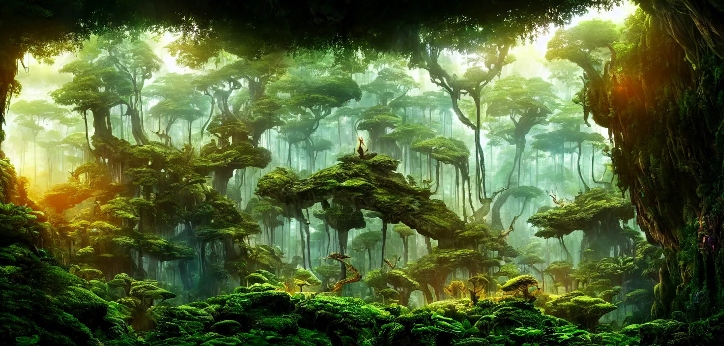 Image similar to forest world of avatar ， central symmetrical composition, incredible, vector art, octane render, fabulous, hyper detailed, random cinematic view, no noise, global illumination, warm lighting, volumetric, godrays, vivid, beautiful