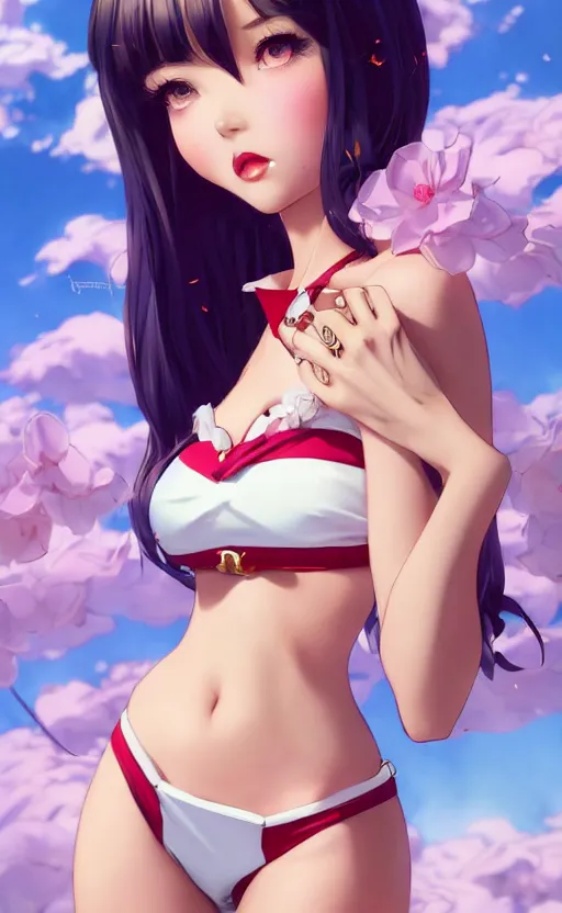 Prompt: a pin up and beautiful fashion charming dreamlkeanime cute girl in bikini with lv jewelry, character art, art by artgerm lau and kyoung hwan kim and and ilya kuvshinov and john singer sargent, hyperdetailed, 8 k realistic, symmetrical, frostbite 3 engine, cryengine, dof, trending on artstation, digital art