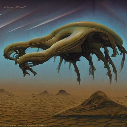 Image similar to painting of an alien spaceship made of flesh and exoskeleton, in the style of wayne barlowe