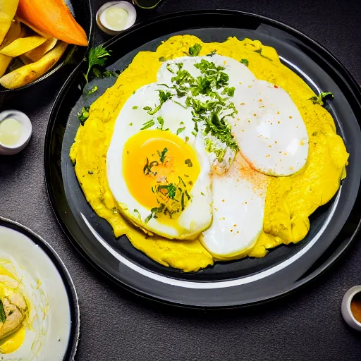 Image similar to aji de gallina, garnished with half eggs, served over boiled sliced potatoes on top of a bed of lettuce, michelin star restaurant, award winning photo, food photography, 4 k