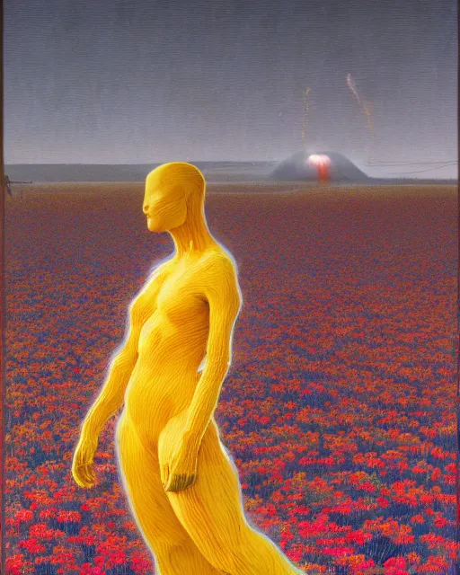 Image similar to A portrait of a woman wearing clothes made out of dying flowers, nuclear explosion in the background, Masterpiece, yellow skin, glowing, wires everywhere, by Edgar Maxence and Ross Tran, Zdzisław Beksiński, and Michael Whelan, distant, gustav dore, H.R. Giger, 8k, octane render