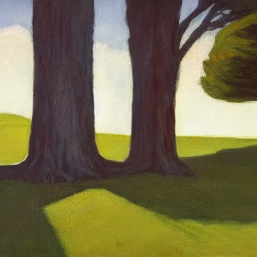 Image similar to shadow monster hiding behind a tree, in the style of a Edward Hopper painting, eerie,