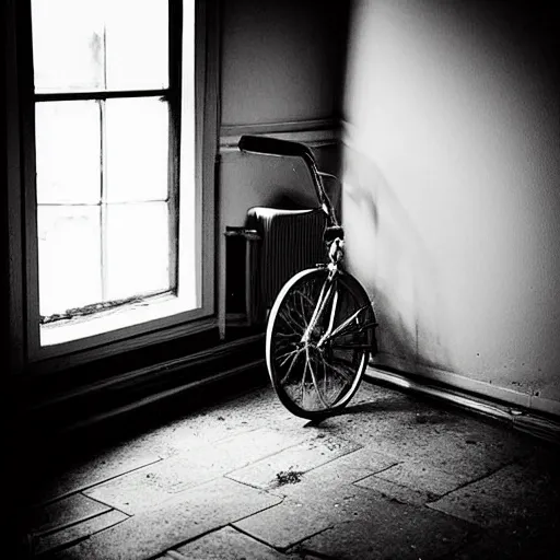 Prompt: “a sunbeam pierces the stale cold air in a dark dusty bedroom causing the dust to float. A broken tricycle sits in the corner of the room.”