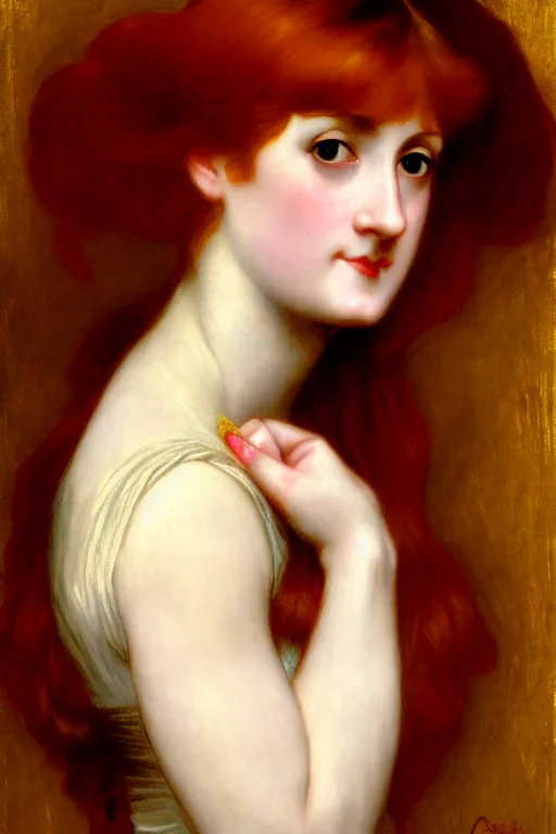 Image similar to jane austen gold red hair painting by rossetti bouguereau, detailed art, artstation