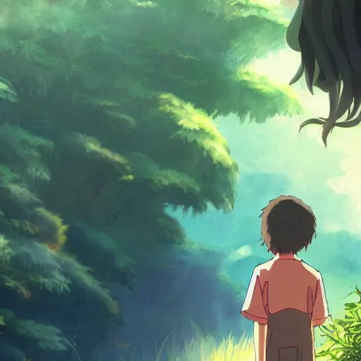 Prompt: friendly guy and small creature , with Fragile looking character portrait face made by Studio Ghibli highly detailed art, beautiful scene, sharp focus, smooth, 8k, anime art, wild, dark, fantasy, peaceful, sunshine, big eye, happy sunshine