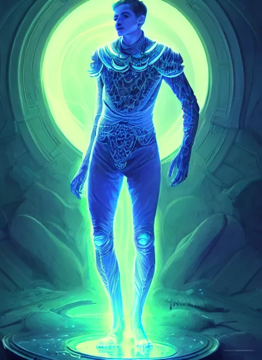 Image similar to a male humanoid phantom adventurer made of liquefied stardust, dnd fantasy character, full body portrait, glowing neon skin, magical aura, ultra realistic, intricate, elegant, highly detailed, digital painting, artstation, smooth, sharp, focus, illustration, art by artgerm and greg rutkowski and alphonse mucha