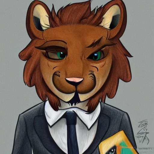 Prompt: a cartoon drawing of main character portrait anthro anthropomorphic mountain lion head animal person fursona wearing suit and tie furry 2 d masterpiece commission art solid background